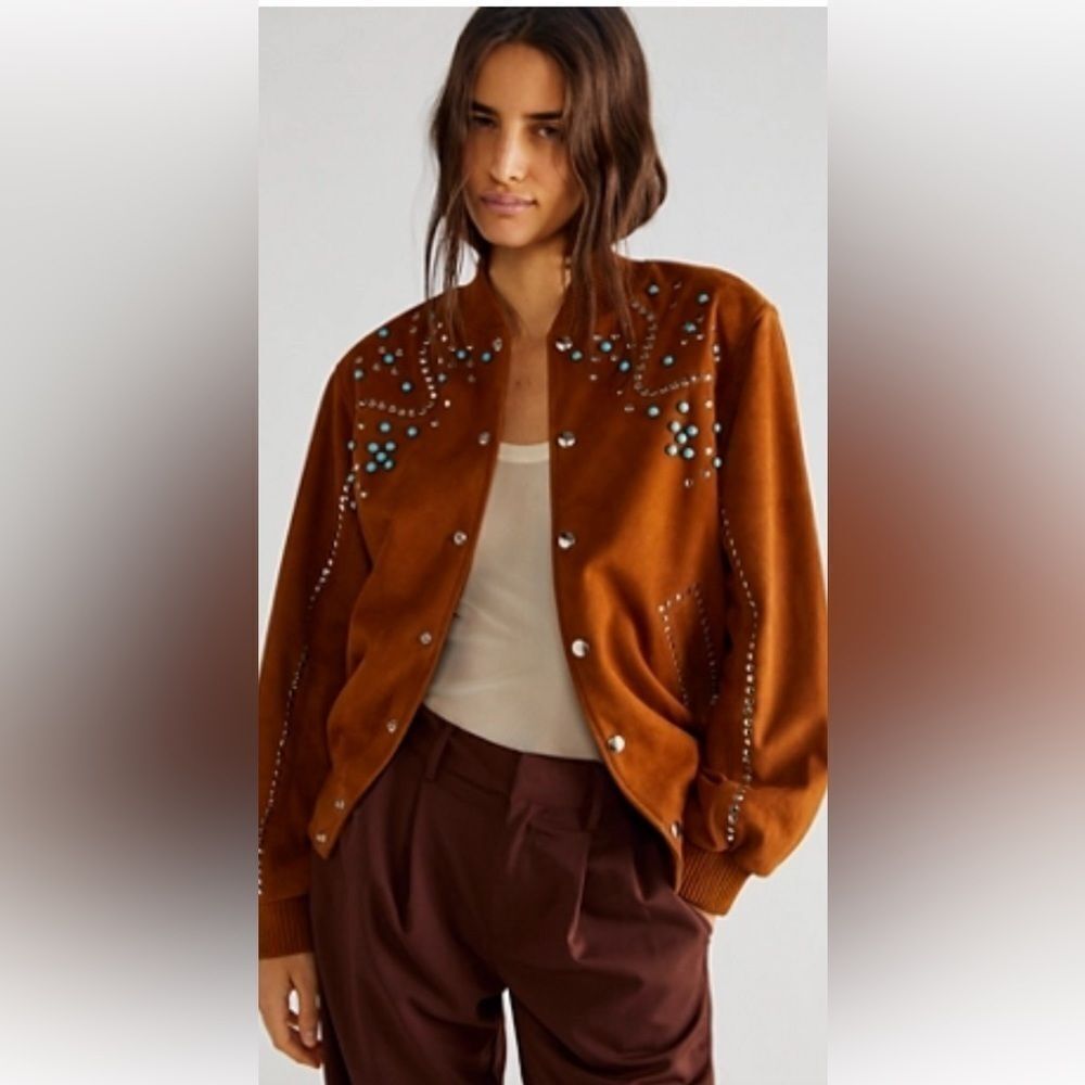 NWT Free People Dancassab Ennio Bomber Leather Suede Jacket Coat
Bead Stud Brown